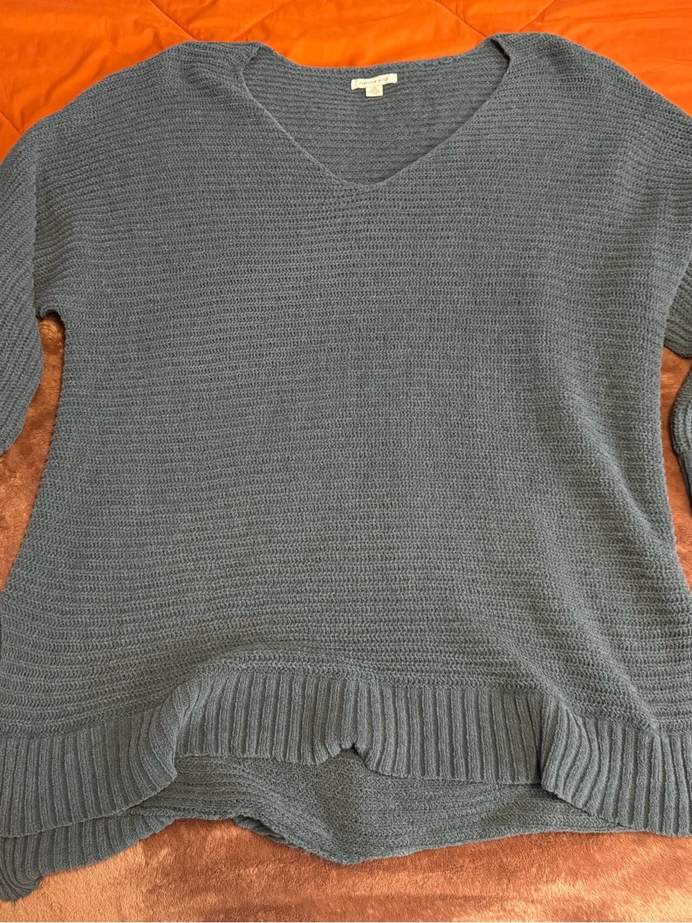 American Eagle Outfitters Women's Slate Blue V-Neck Knit Sweater